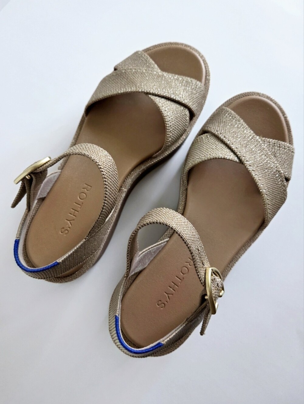 Rothy's Criss-Cross Metallic Gold/ Tan & Camel Platform Sandals, Size 6 - Picture 3 of 16